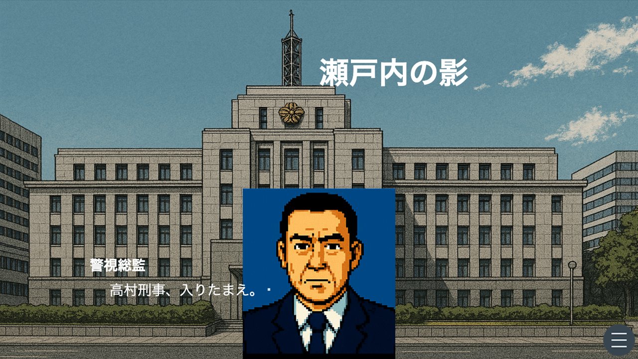 「瀬戸内の影」のゲーム画面。警視庁で警視総監が高村刑事を呼ぶ場面
