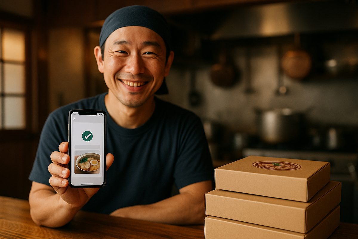 小さなラーメン店の店主が、注文完了の画面を表示したスマートフォンを見せている。横には発送用の箱が積まれている（イメージ）