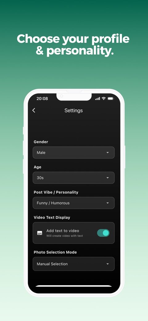 Settings screen with fields for gender, age, post vibe and video text display