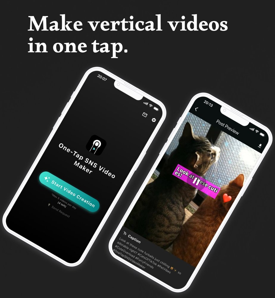 App screens: the home screen with a Start Video Creation button, and a post preview of a vertical video made from a photo of two cats