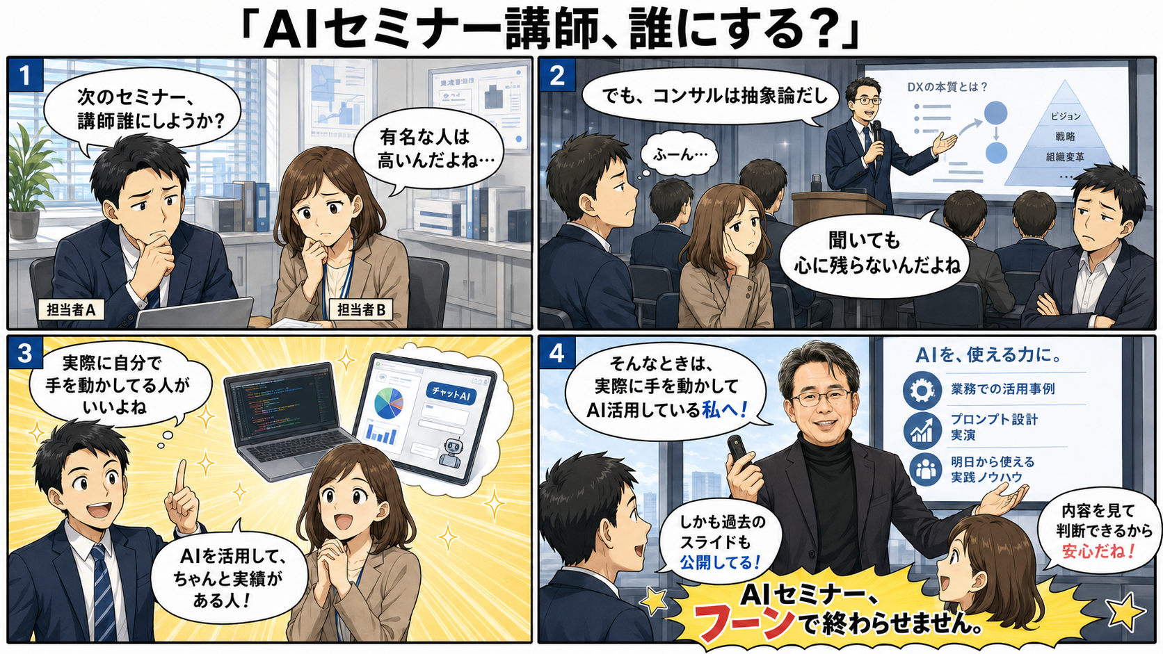 AIセミナー講師、誰にする？実際に手を動かしてAI活用している講師。過去のスライドも公開しています。